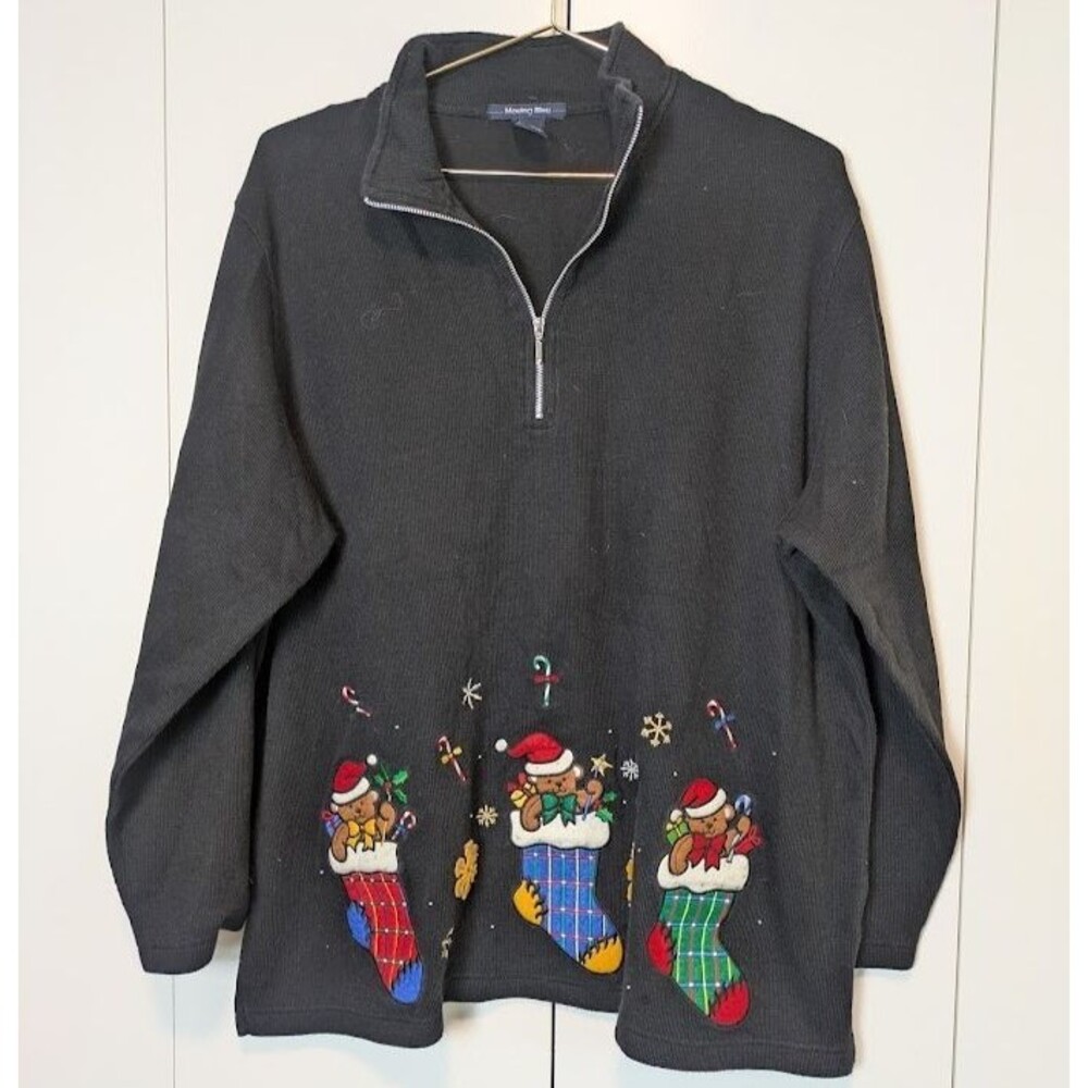 Moving Bleu Black Christmas 3/4 Zip Women's XL Christmas Sweater